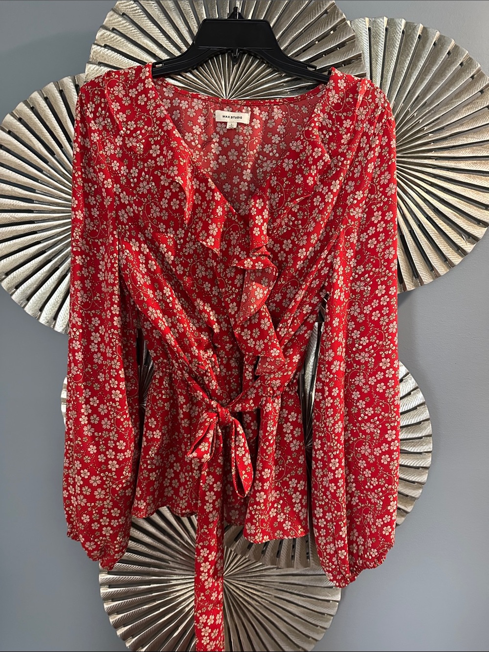 Max Studio Red Floral Ruffle Wrap Blouse